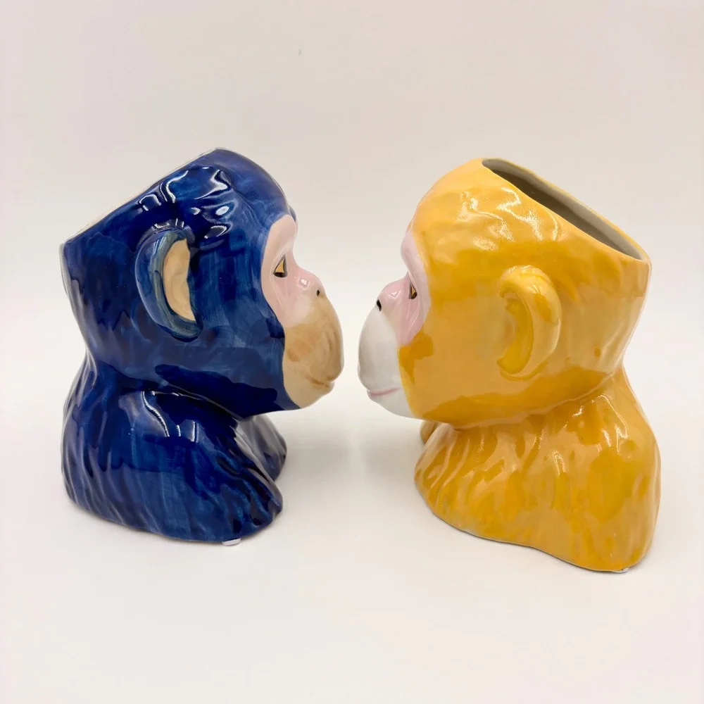 Ceramic Monkey Bust Planter Vase Set Blue‎ and Yellow Glossy Glaze Primate Decor
